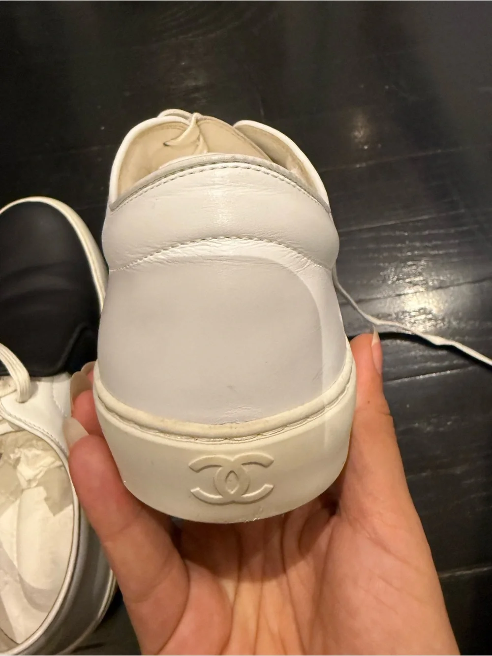CHANEL Black and White Leather Slip-On Sneakers with laces